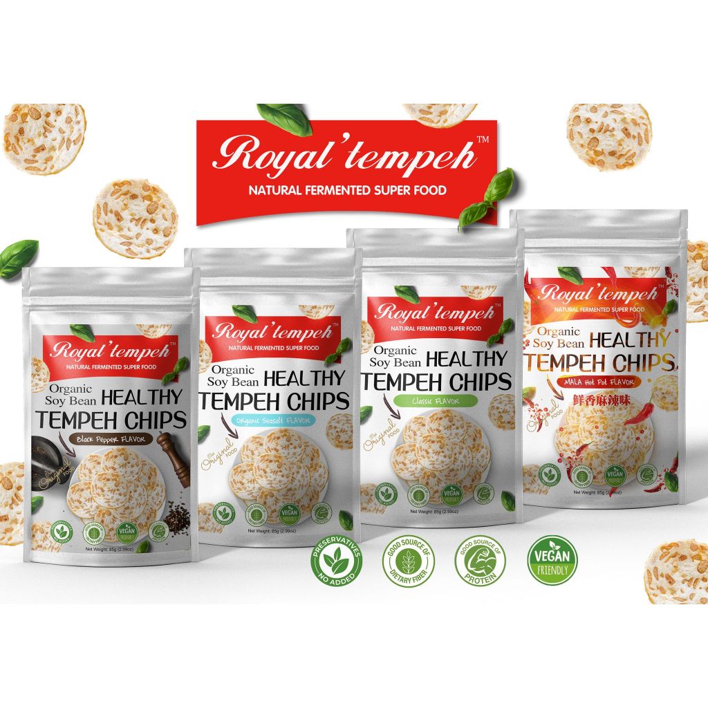 Healthy Tempeh Chips ผลิตจากถั่วเหลืองออร์แกนิก!! - โดย เทมเป้ของรอยัล - แพ็ค 4 รสชาติ - ของว่างเพื่