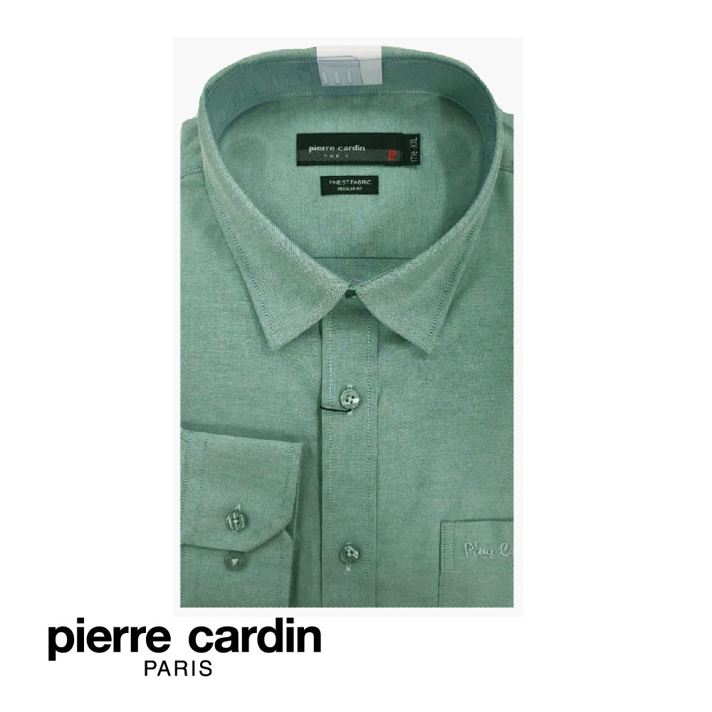 Pierre CARDIN เสื้อยืด แขนยาว สไตล์ธุรกิจ พร้อมกระเป๋า สําหรับผู้ชาย (พอดีตัว) สีเขียว (W3602B-11476)