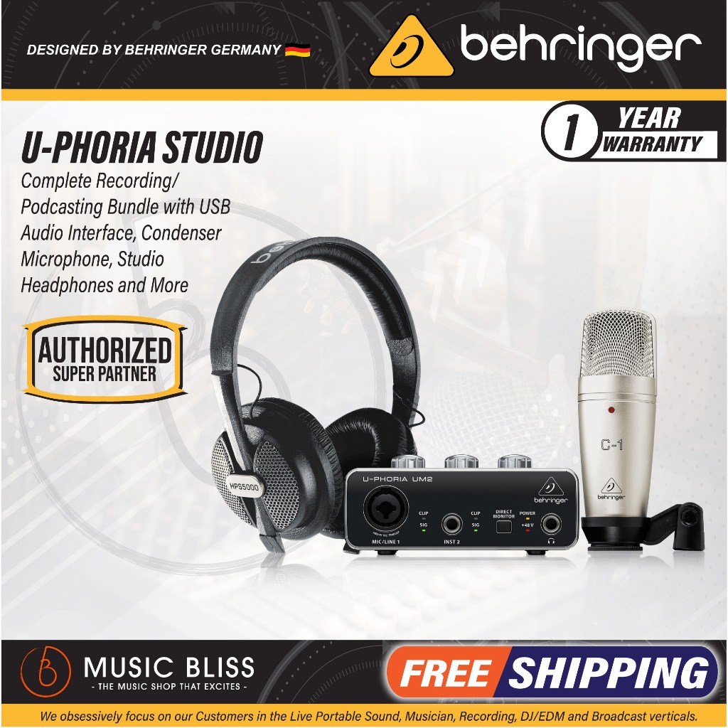 Behringer U-PHORIA STUDIO ชุดบันทึก/พอดแคสต์ที่สมบูรณ์พร้อมไมโครโฟน UM-2, C-1 และ HPS-5000 (UPHORIA 