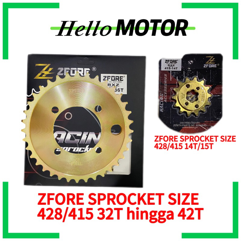 ZFORE HEAVY DUTY LC135 RXZ135 SPROCKET CHROME GOLD ขนาด 415 428-14T 15T 32T ถึง 42T 132L RK AJI ORDI
