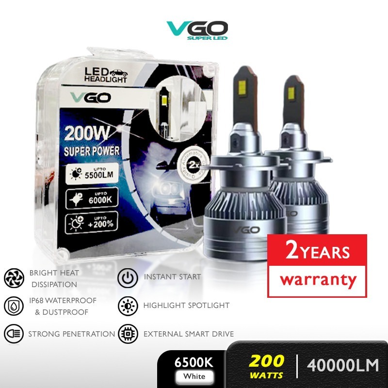 1 คู่ VGO ไฟหน้ารถ LED หลอดไฟ H1 H3 H4 H7 H8 881 9005 HB3 9006 HB4 High Power 6000k Super Power เทีย