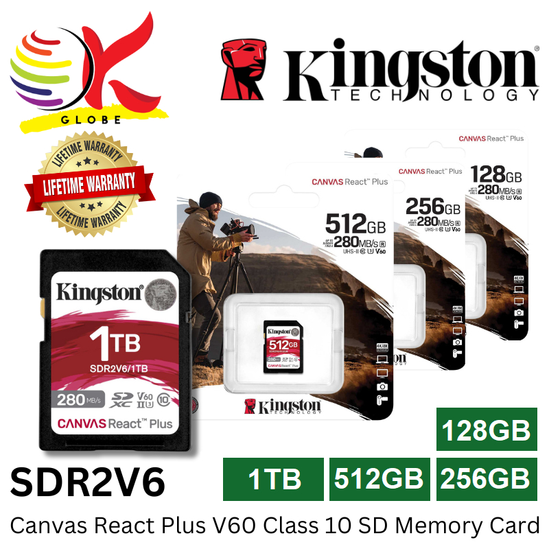 Kingston SDR2V6 CANVAS REACT PLUS CLASS 10, UHS-II, U3, V60 SD MEMORY CARD - 128GB / 256GB / 512GB / 1TB
