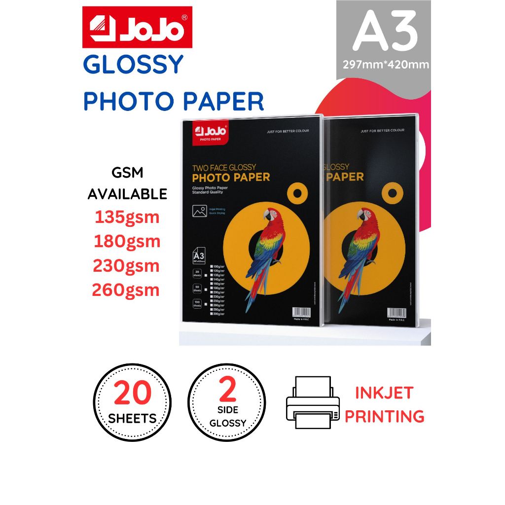 [A3 DOUBLE SIDE GLOSSY] 20S JOJO WATER RESISTANT SUPER GLOSSY PHOTO PAPER (135-260gsm) INKJET PRINTI