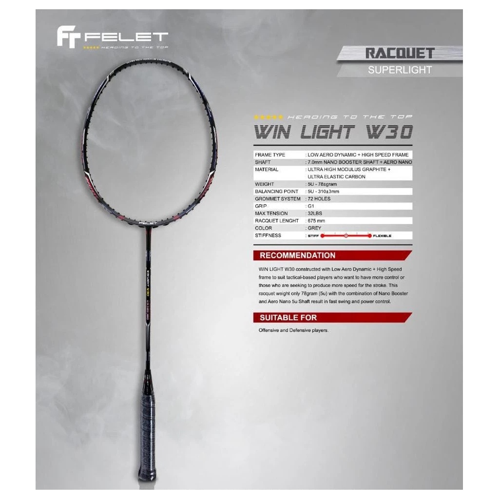 FELET WIN LIGHT W30 5U/G1 78Gram Max Tension 32LBS ,100 แร็กเก็ต