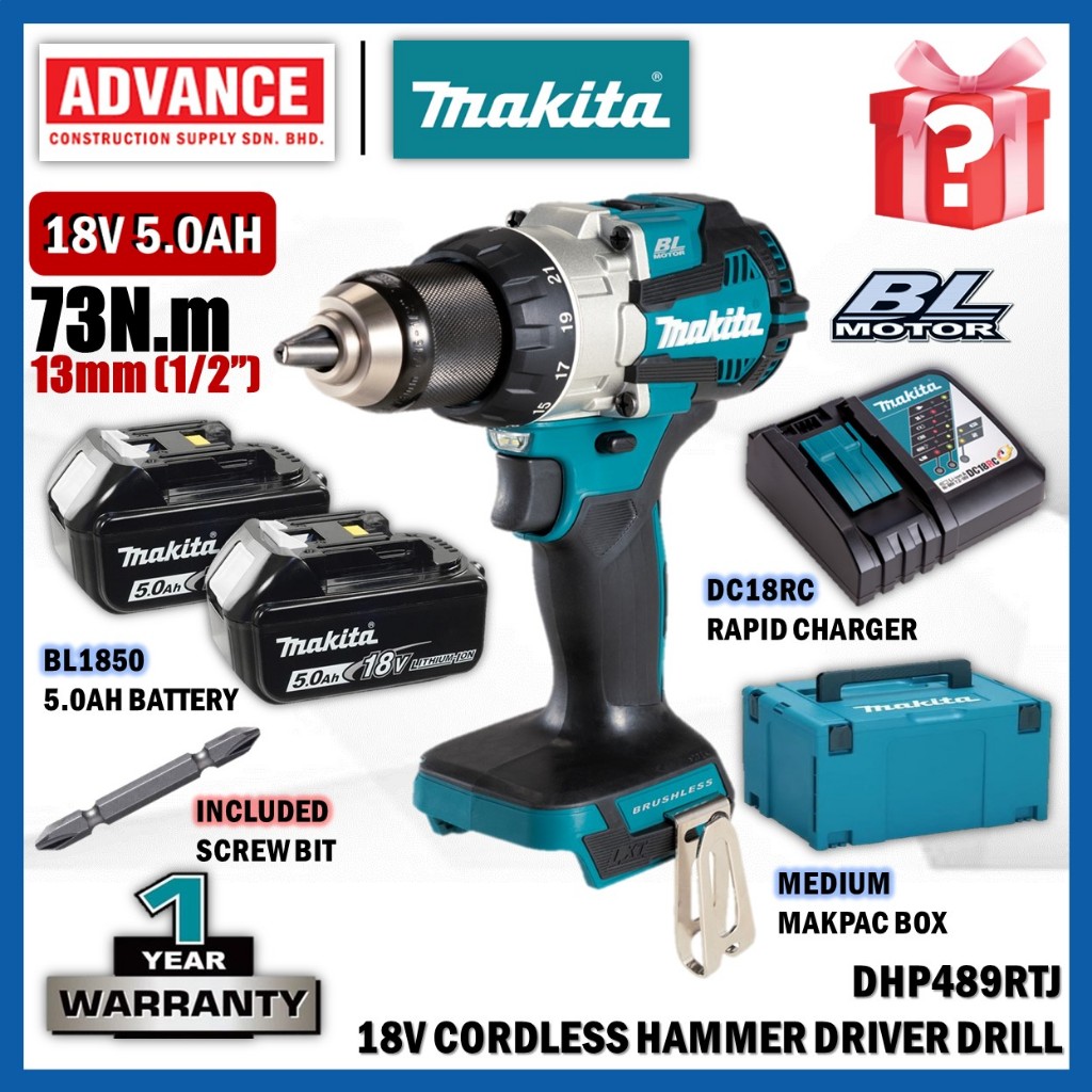 MAKITA DHP489Z / DHP489RTJ 18V สว่านไร้สายไดร์เวอร์สว่าน 13MM (1/2")