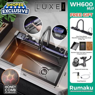 [SHOPEE EXCLUSIVE] LUXE 304 Stainless Steel Flying Rain Waterfall Nano Honeycomb Multi Function Workstation Kitchen Sink