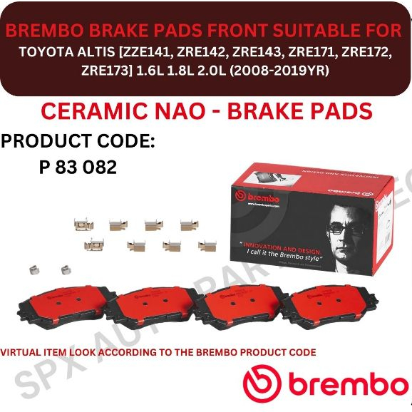 ผ้าเบรค BREMBO (FRONT) สําหรับ TOYOTA ALTIS [ZZE141, ZRE142, ZRE143, ZRE171, ZRE172, ZRE173] 08-19YR