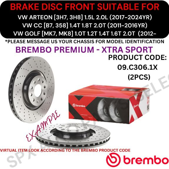 โรเตอร์เบรก BREMBO (FRONT) สําหรับ VW ARTEN [3H] 17-24YR / CC [B7, 358] 11-16YR / GOLF [MK7, MK8] 12