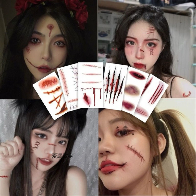 ฮาโลวีนสยองขวัญ Bloody Wound Tattoo สติกเกอร์รอยแผลเป็นสติกเกอร์รอยสักกันน้ําสติกเกอร์ฮาโลวีน Hantu