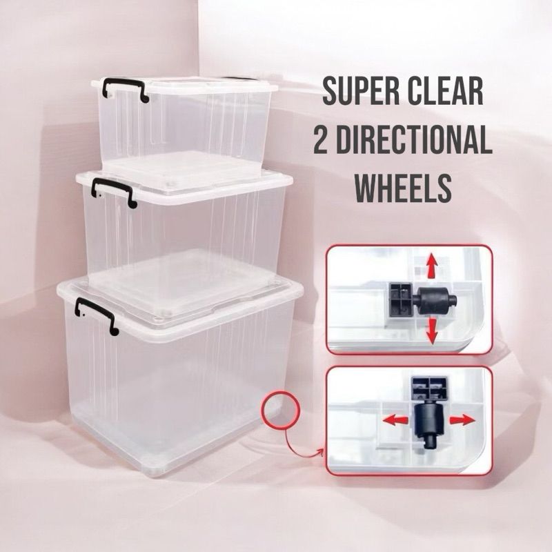 Abbaware Clear Storage Box Transparent (30L/50L/ 80L) Kotak Simpanan roda/กล่องเก็บของมีล้อ/ กล่องเก