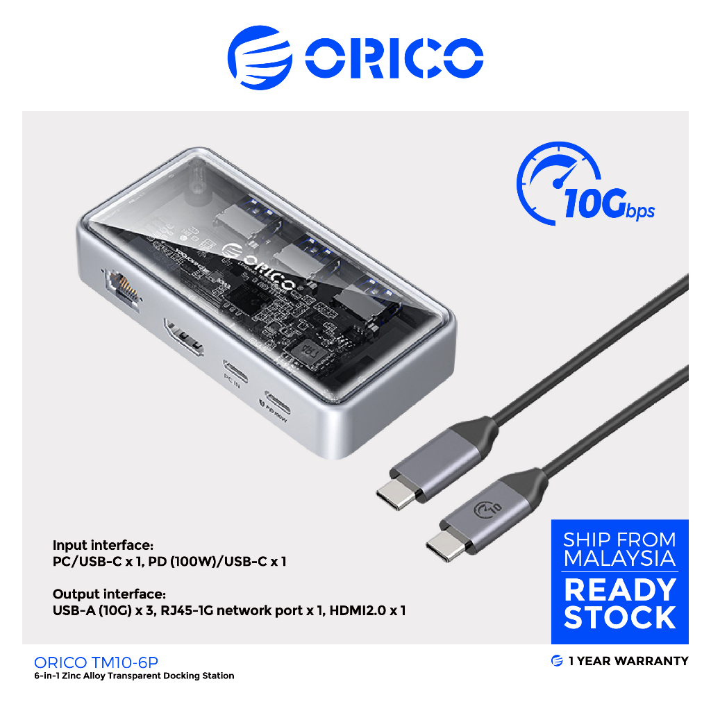Orico TM10-6P 6 in 1 สถานีเชื่อมต่อโปร่งใสโลหะผสมสังกะสีพร้อม USB A (10Gbps) x 3, HDMI 2.0, RJ45 & T