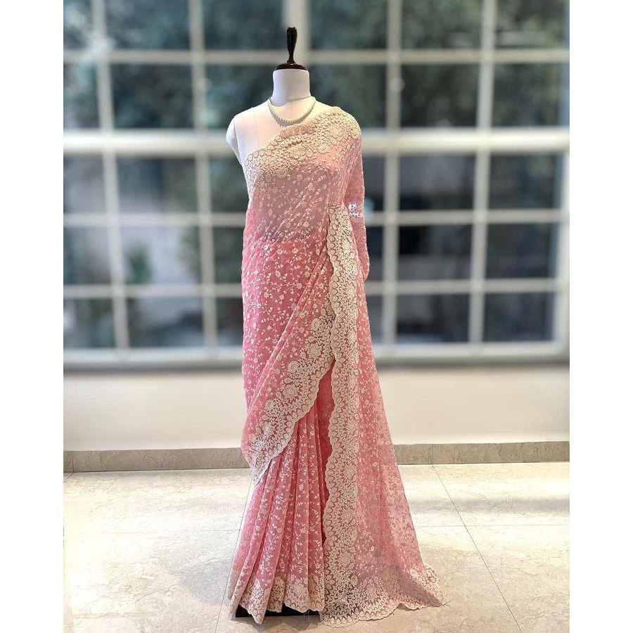 Saree Georgette Saree แบบนุ่มพร้อมงานปักด้ายสีขาวและตัดลูกไม้ Border Boutique Collection Saree Kain 