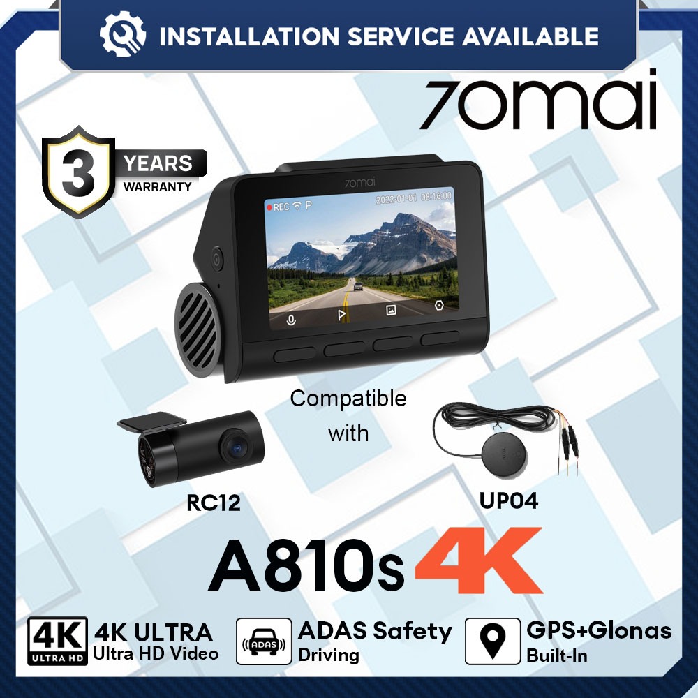 พร้อมการติดตั้ง70mai A810 4K Dash Cam Dual Vision Car Recorder พร้อม GPS ADAS
