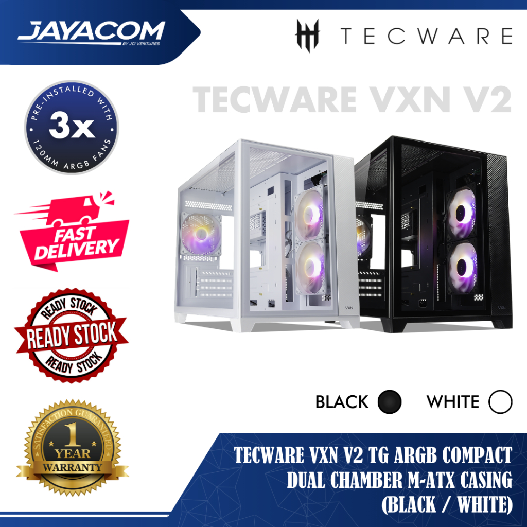 Tecware VXN V2 TG ARGB Compact Dual Chamber M-ATX เคส (สีดํา / สีขาว)