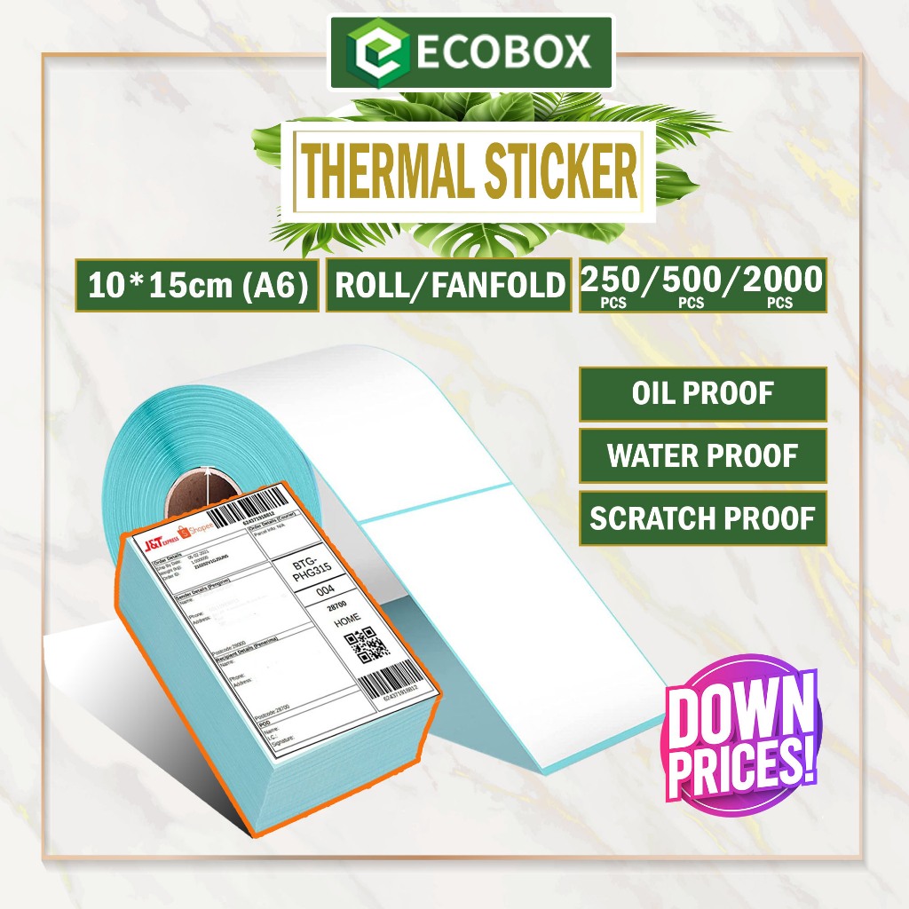 EcoBox - A6 สติกเกอร์ความร้อน 100x150 มม. AWB Barcode Airway Bill Shipping Label Roll Fanfold AWB