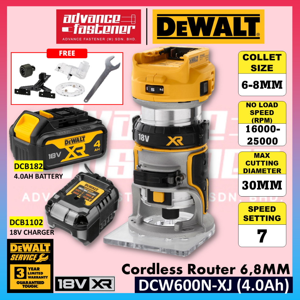 DeWalt DCW600N-XJ 18V XR เราเตอร์ไร้สาย 6 มม., 8 มม