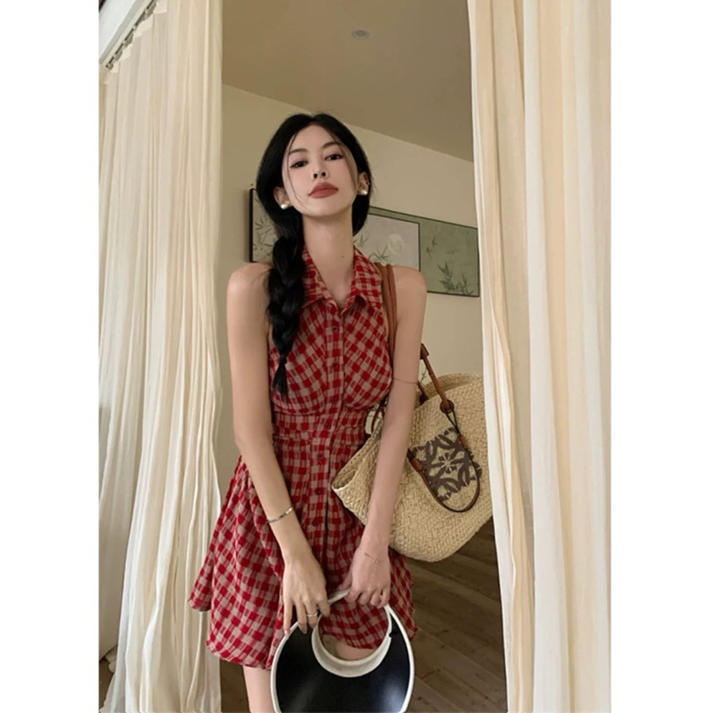 In-9127~เดรสคล้องคอตรวจสอบแฟชั่นฤดูร้อน~size S, M, L