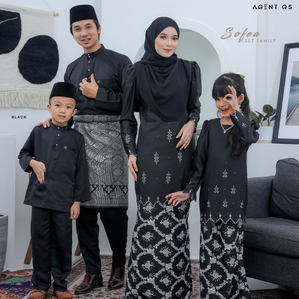 (สีดํา) ชุดเต็ม FAMILY BAJU KURUNG SOFEA RAYA โดย ALLIN
