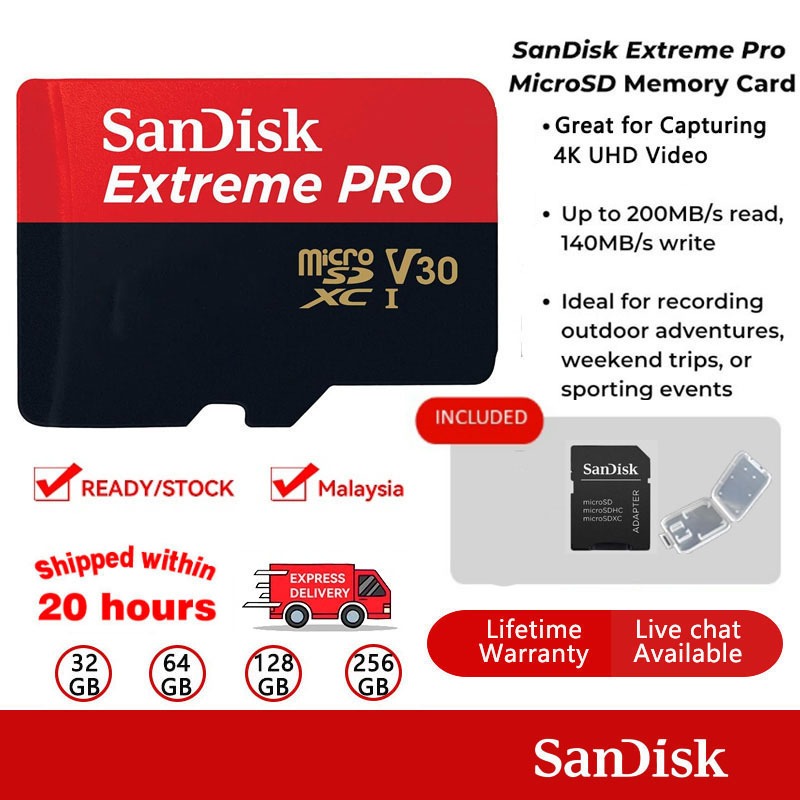 Sandisk Extreme Pro MicroSD การ์ดหน่วยความจํา 32GB 64GB128GB 256GB พร้อมอะแดปเตอร์การ์ด TF สําหรับกล้องแดชแคม โทรศัพท์ โดรน และกล้อง