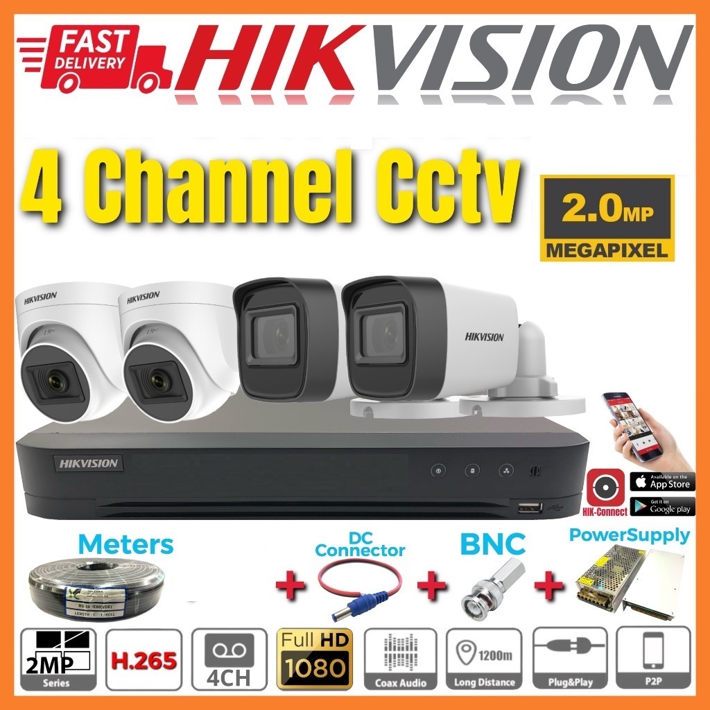 HIKVISION 2MP Full Set DIY 🌟4-CHANNEL🌟 Full HD 1080P HIK CCTV 4CH DVR + Camera + Power Supply + Cabl