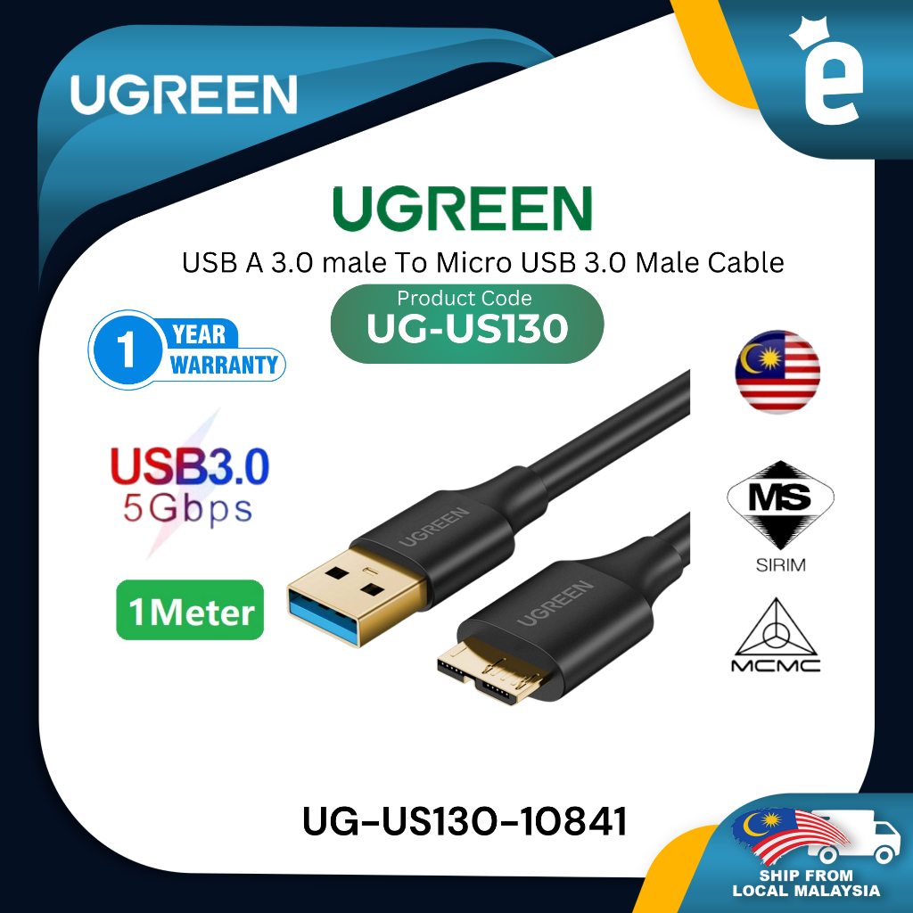 UGREEN USB-A 3.0 MALE TO MICRO USB 3.0 สายชาย SPEED UP TO 5GBPS 1M (สีดํา) - UG-US130-10841