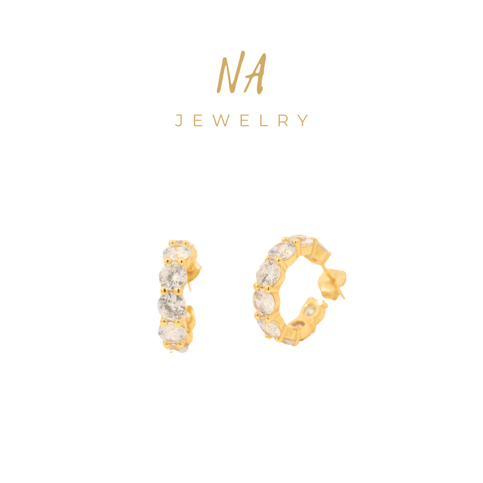 Na เครื่องประดับ MIDI SPARKLER HOOP EARRINGS ประกายทอง 18K เงิน 925 เงินสเตอร์ลิง เซอร์โคเนียเกรดสูง