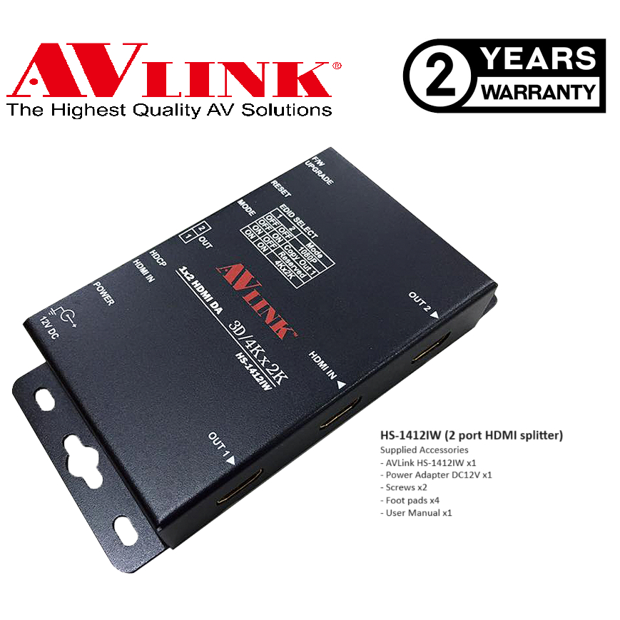 •	AVlink HS-1412IW – เอาต์พุต HDMI 1 Input 2 พอร์ต รองรับ 4Kx2K @ 30Hz (8 บิต) / 60Hz และ 1080P @ 60