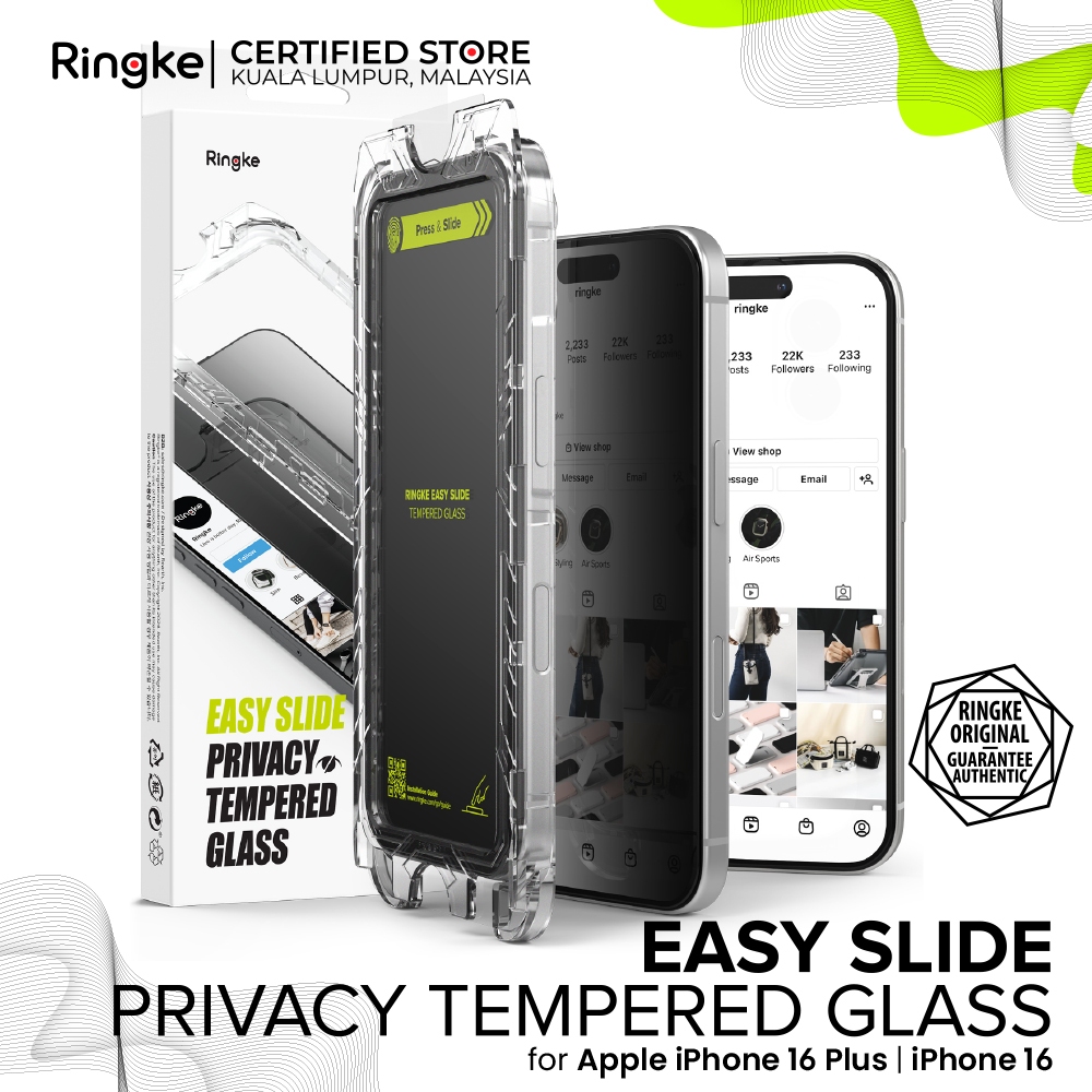 RINGKE PRIVACY EASY SLIDE TEMPERED GLASS Zero Changes Failure iPhone 16 Plus/ 16/ 15 Plus/ 15 (2-Pack) Full Coverage Te
