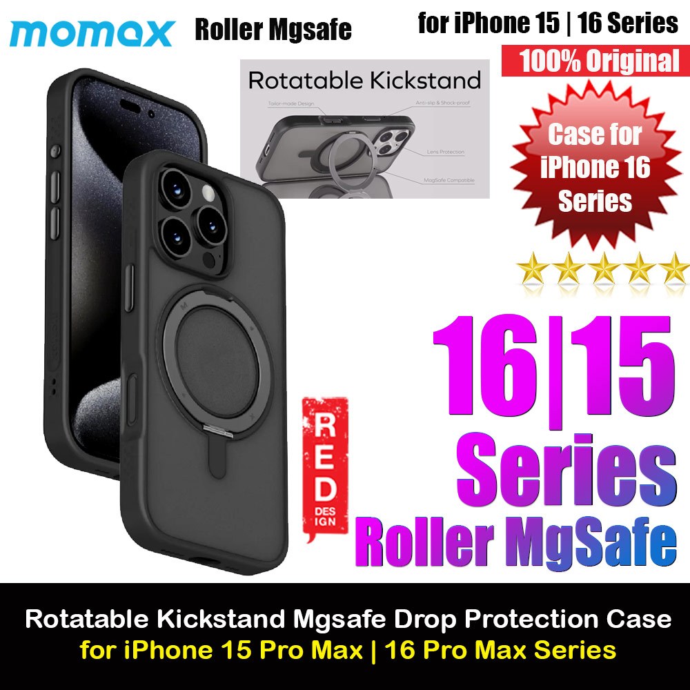 Momax Kickstand Roller Ring เคสแม่เหล็กพร้อมขาตั้งหมุนได้เคสป้องกันการตก iPhone 16 Pro Max 6.9 15 Pr