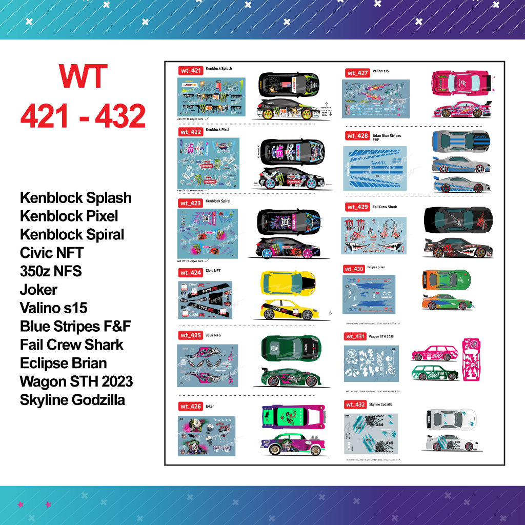 รูปลอกสไลด์น้ํา wt 421 - 432 HotWheels | KenBlock civic NFT Valino Brian r34 Cai Fail Crew Jokey NFS