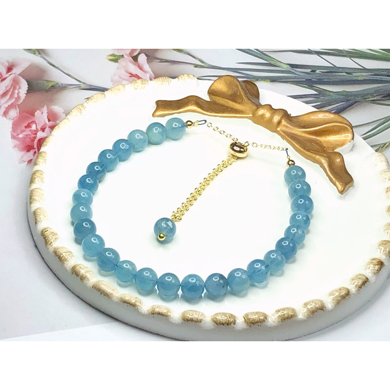 Gelang Tangan Kristal Suasa Emas คริสตัลธรรมชาติ Devil Blue Aquamarine สร้อยข้อมือคริสตัลธรรมชาติสร้อยข้อมือ 14KCB094