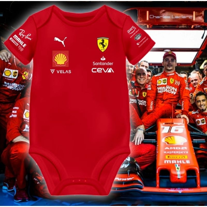 2023 Baju Bayi F1 Racing Ferrari ทีมลูกเรือการ์ตูนเด็ก Rompers เสื้อผ้า Kartun ชุดนอน 0-24 เดือนเด็ก