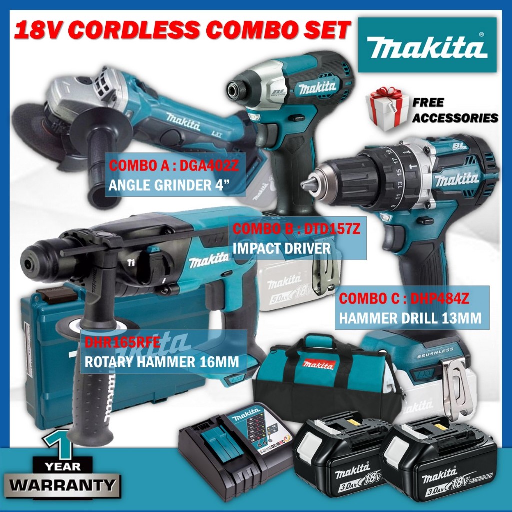 MAKITA DHR165RFE 18V ค้อนโรตารี่ไร้สาย Combo (DGA402Z เครื่องเจียรมุม | ไดร์เวอร์กระแทก DTD157Z | สว