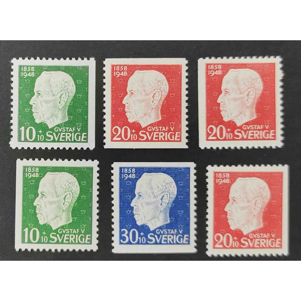 SVERIGE สวีเดน 1948 ครบรอบ 90 ปีของการเกิดของ Gustav V, MINT, COMPLETE SET, FOXING & HINGED