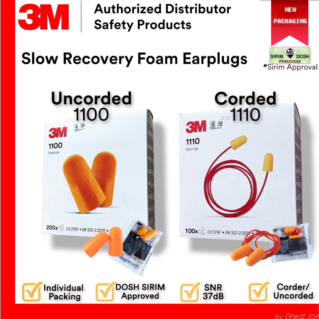 3M Earplug 1100 1110 ที่อุดหูโฟมนุ่ม SNR 35dB DOSH SIRIM ได้รับการอนุมัติ Uncorded หรือแบบมีสายทิ้ง 