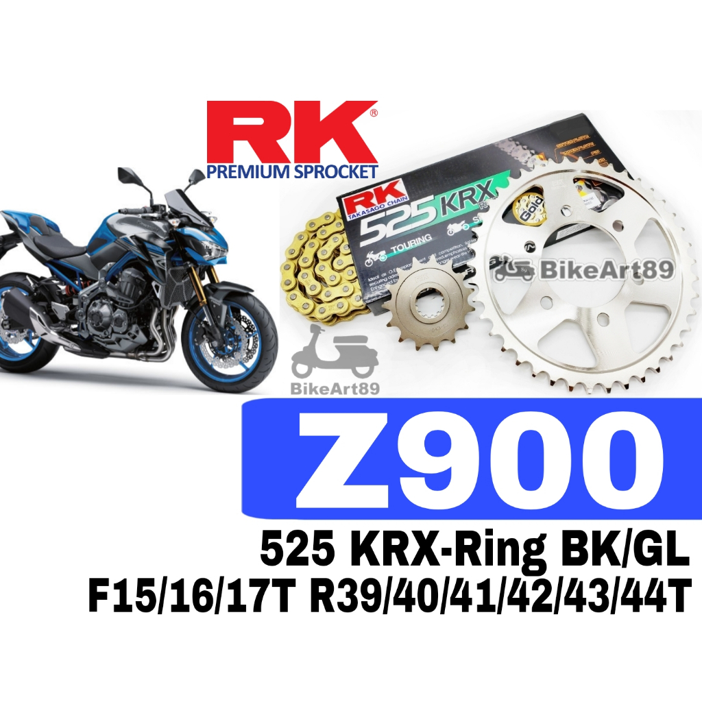 RK ชุดเฟือง Kawasaki Z900 RK 525 KRX X-Ring สีดํา/ทอง F 15T-17T R 39T-44T RK525 Xring Rantai สีดํา E