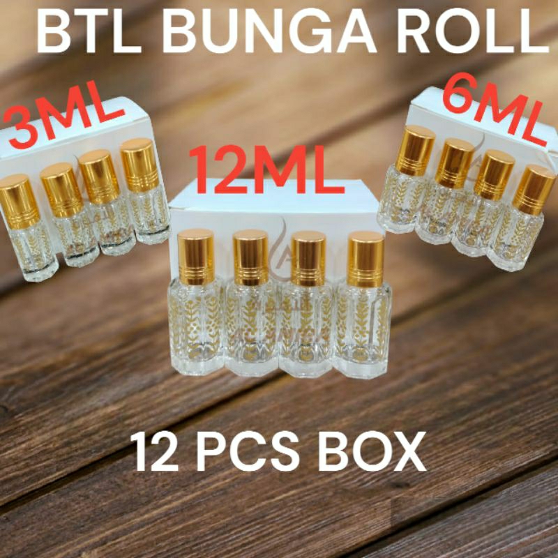 ★EMPTY FLOWER ROLL BOTTLE★ FLOWER BOTTLE ~ 3ML, 6ML, 12ML ~ 12 ชิ้น BOX NEW DESIGEN