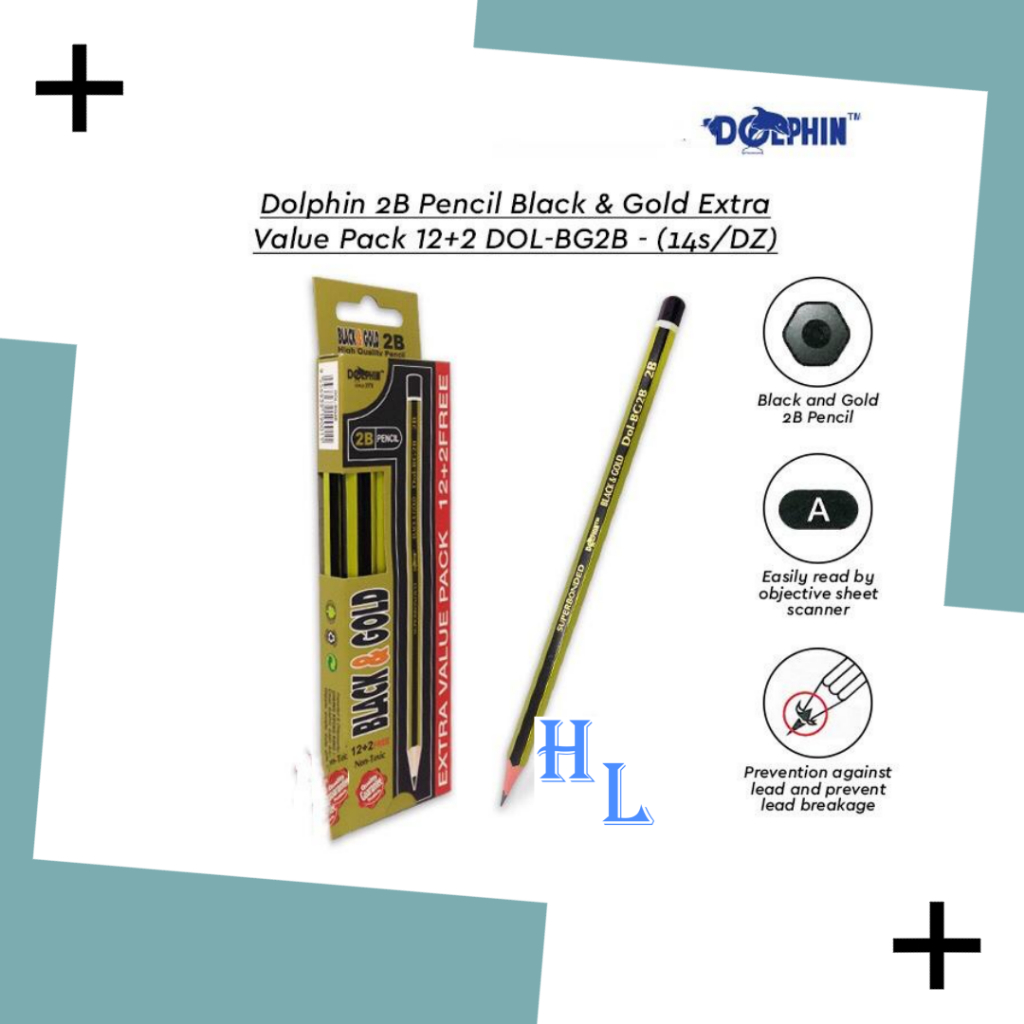 Dolphin 2B Pencil Black & Gold Extra Value Pack 12+2 DOL-BG2B - (14s/DZ)