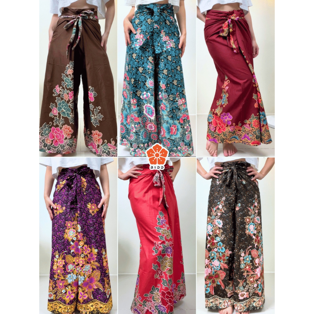 [ดีไซน์ใหม่] 2-In-1 Thai Pattern Flower Soft Sarong Pants Plus Size ผ้าโพลีเอสเตอร์แบบดั้งเดิมสี Do 