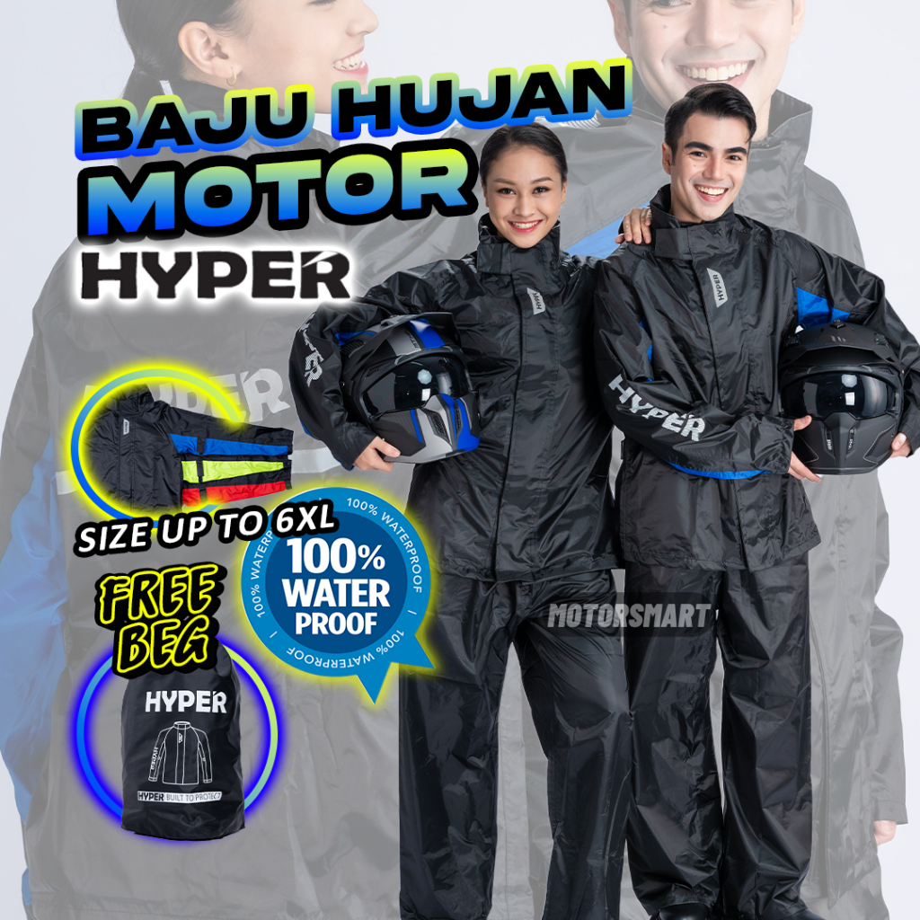 MOTORSMART HYPER BAJU HUJAN Baju Hujan มอเตอร์ Rain Coat Baju Hujan เสื้อกันฝนกันน้ําร่มด้านบนครอบคล