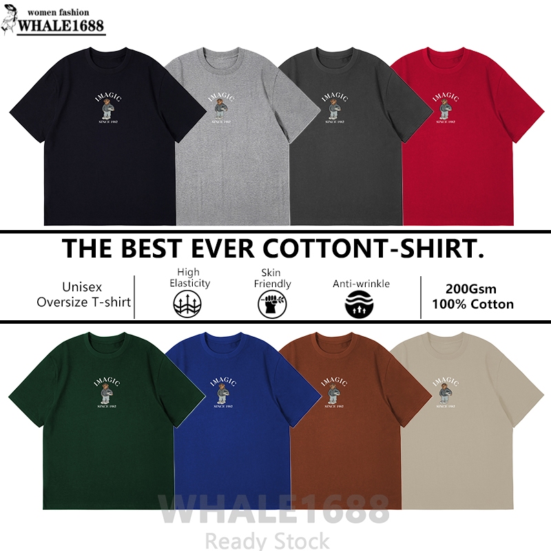 WHALE1688 200GSM เกาหลีผ้าฝ้ายผู้ชาย TShirt หลวมรอบคอขนาดใหญ่ Unisex พิมพ์แขนสั้น TShirt ผู้ชาย Baju