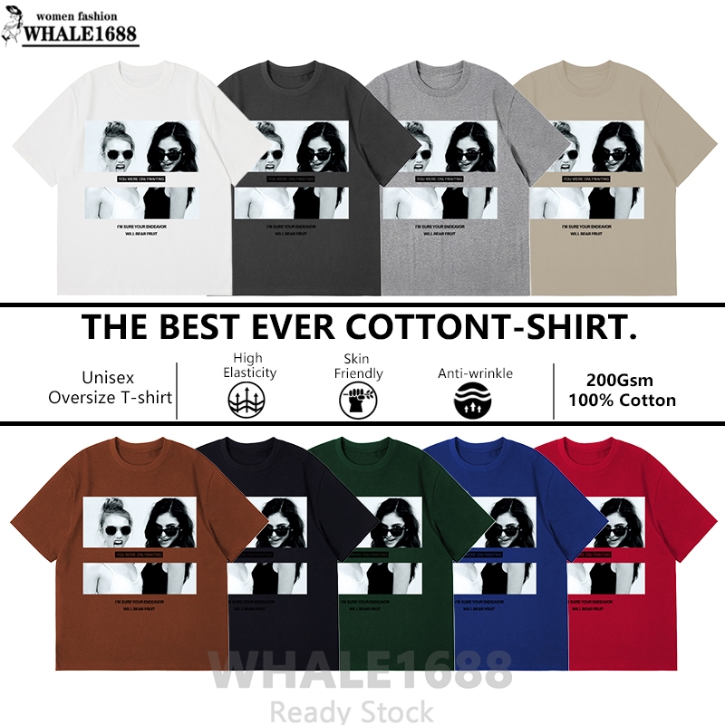 WHALE1688 200GSM ผ้าฝ้ายผู้หญิง TShirt หลวมรอบคอขนาดใหญ่ Casual พิมพ์แขนสั้น TShirt Baju Unisex T เส