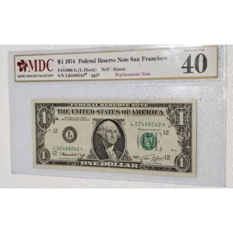 1974 USD 1 dollar star บันทึกทดแทน San Francisco EF หรือ 40 เกรดโดย MDC