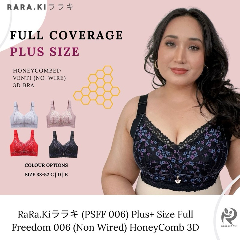 RARAKI 006 Plus-Size Honeycomb 3D Bra Full Coverage Size 38-52C/D/E Cup No-Wire Adjustable Strap Wid