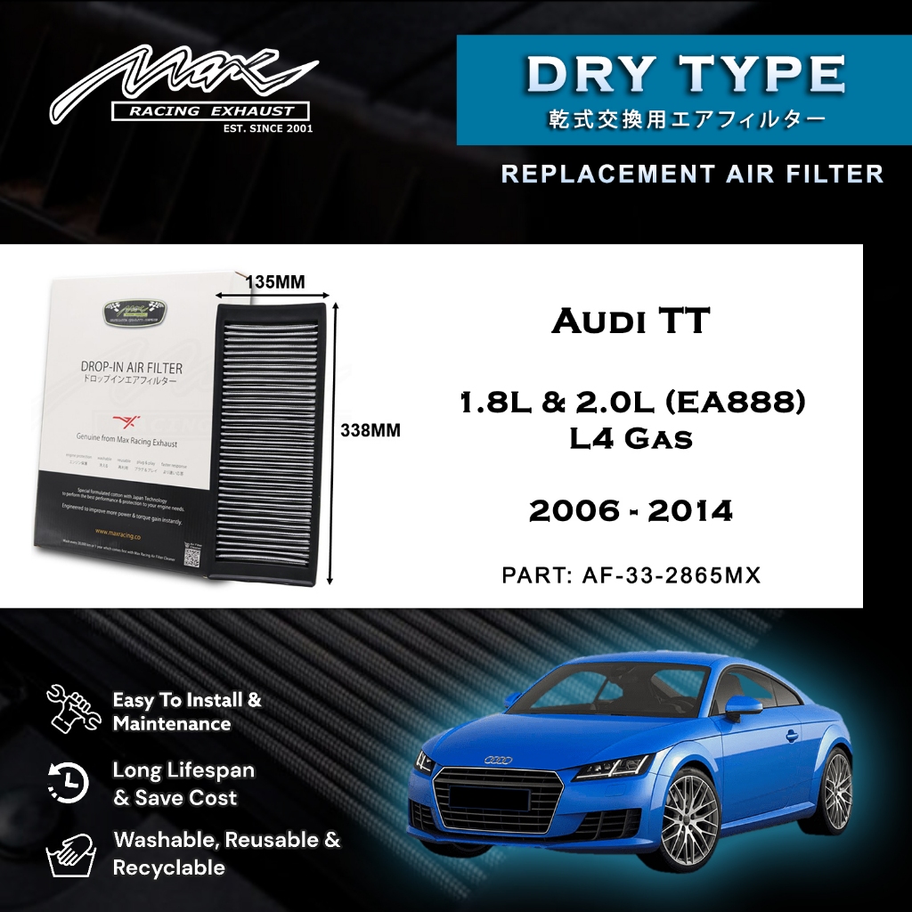Audi TT 1.8L & 2.0L (EA888) L4 Gas 2006 to 2014 33-2865MX Max Racing Exhaust Performance Drop-in Dry