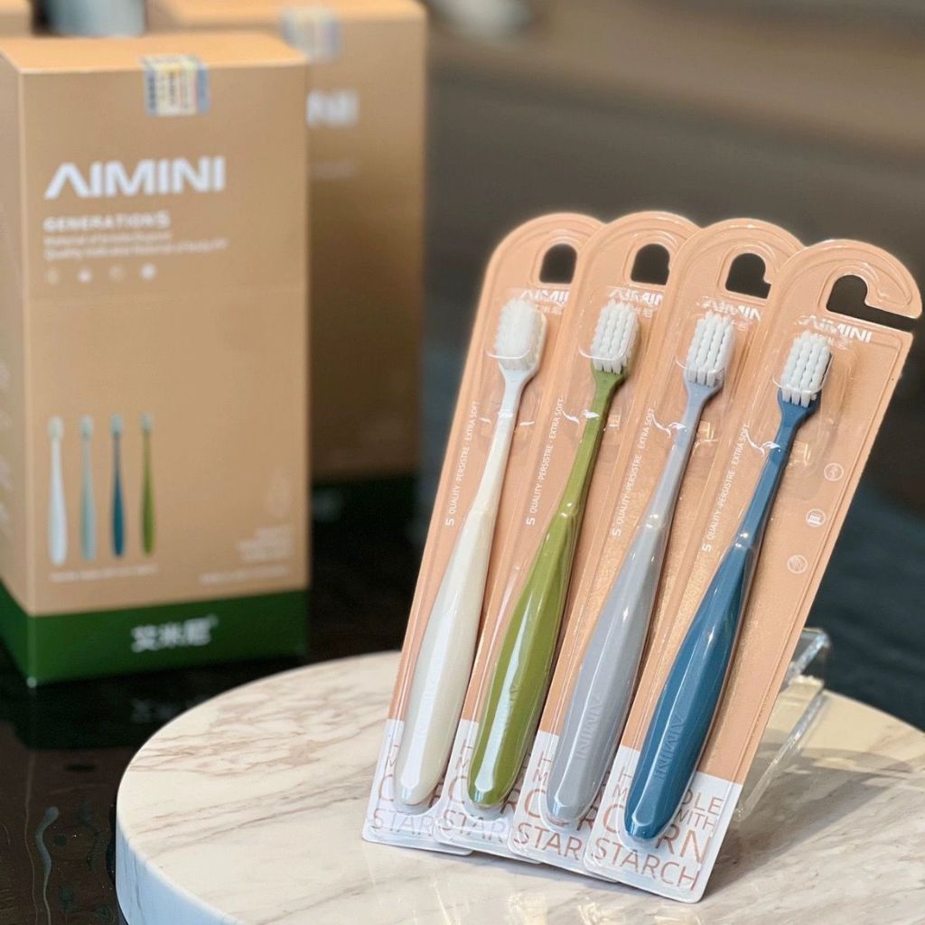 Aimini 艾光玉米货粉牙刷牙超细纳米软毛工具人牙刷 แปรงสีฟัน เจลทรายสีฟันนุ่มพิเศษ ,4สีจัดส่งแบบสุ่ม,สีแดง机发