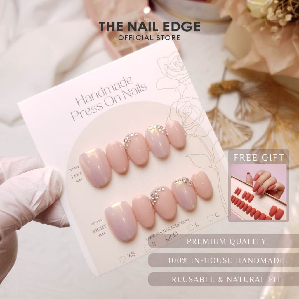 TheNailEdge Premium Handmade Press-On Nails Pearl Pastel Pink Chrome Kuku Palusu เล็บปลอม B041
