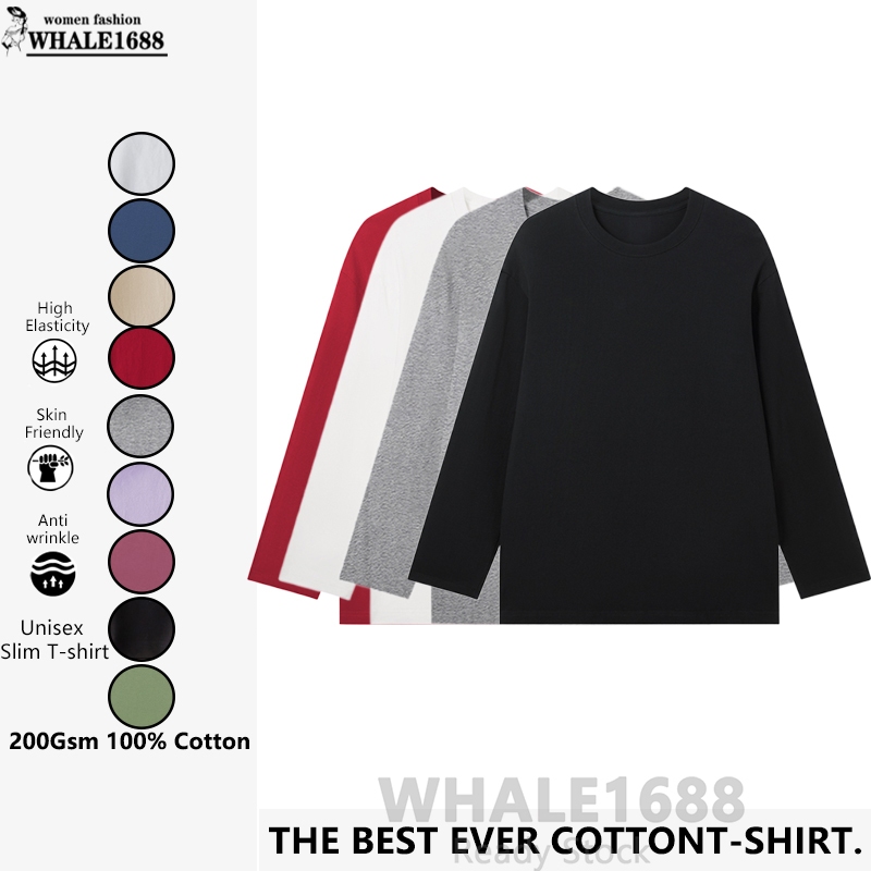 WHALE1688 200GSM ผ้าฝ้ายผู้หญิง TShirt หลวมรอบคอเสื้อผ้า Unisex ธรรมดาแขนยาวเสื้อยืดผู้หญิง Baju T เ