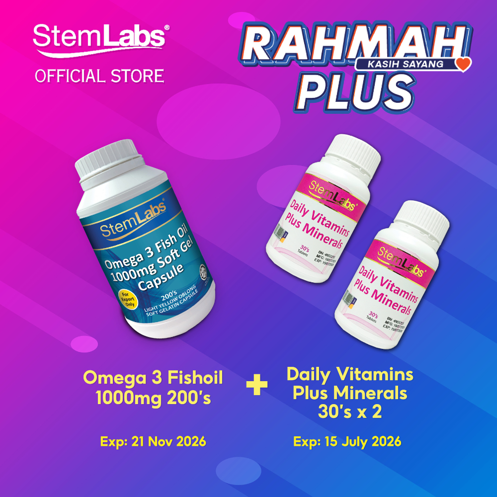 Stemlabs Rahmah Plus Fish Oil 3 200s + Multivitamin Daily Vitamins Plus Minerals 30s x2