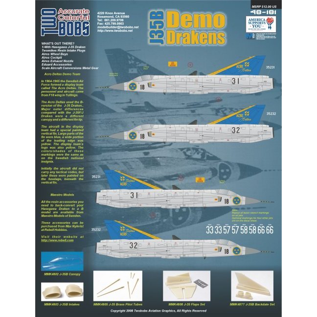 TwoBobs Aviation Graphics 48-181 รูปลอก 1:48J-35B Draken